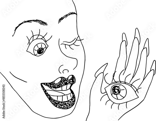 Expressive portrait of a joyful woman with full lips and one eye closed, holding her eye in her hand. Created with black curved lines in a grunge style, artistic and striking.