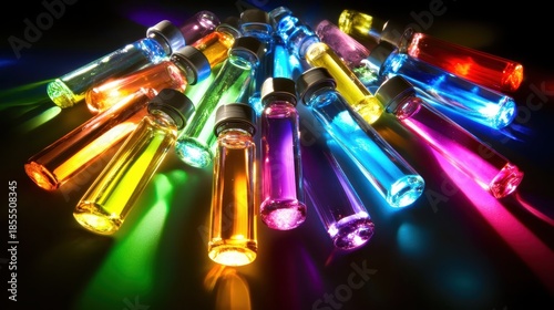 Colored liquids swirling inside glass vials illuminated brightly