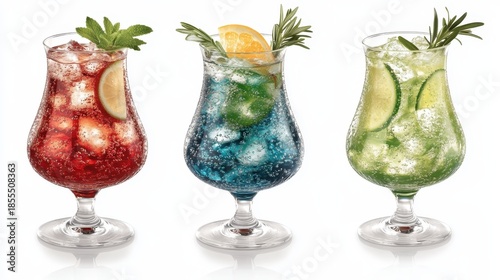 Colorful Cocktails with Fruit Slices on a White Background