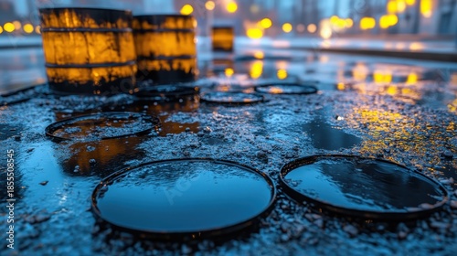Dark industrial oil drums leak creating menacing puddles of liquid on a wet gritty ground with blurry background lights