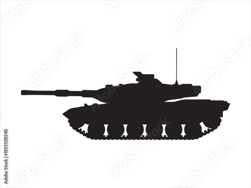 Military tank silhouette vector illustration, A modern military tank silhouetted against a fiery vector illustration