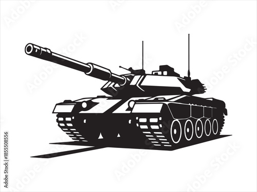 Military tank silhouette vector illustration, A modern military tank silhouetted against a fiery vector illustration