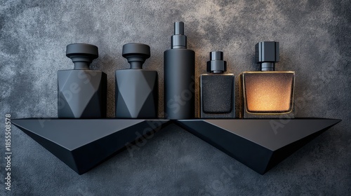 Dark Perfume Bottles Displayed on a Geometric Shelf