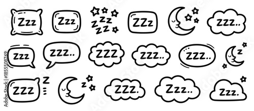 Sleep Zzz icon vector set featuring snore bubble, cartoon cloud, and line emoji, ideal for bedtime, nap, insomnia, relaxation, and mobile app illustration