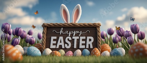 A festive Easter scene featuring large letters spelling “Happy Easter”