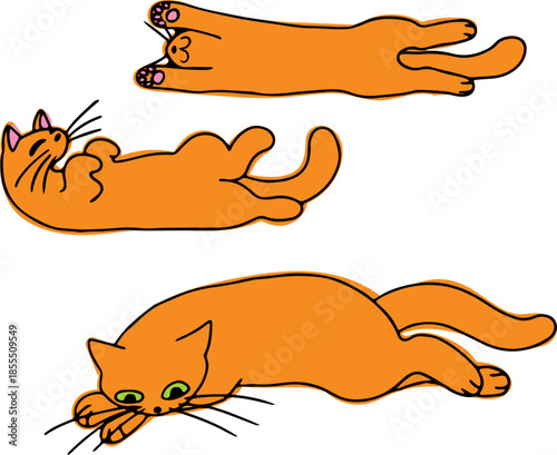 A set of cute funny ginger cats resting with their bellies up, lying on their backs, lying stretched out, drawn with crooked grunge lines