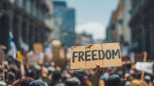 A protester holds a cardboard sign reading 
