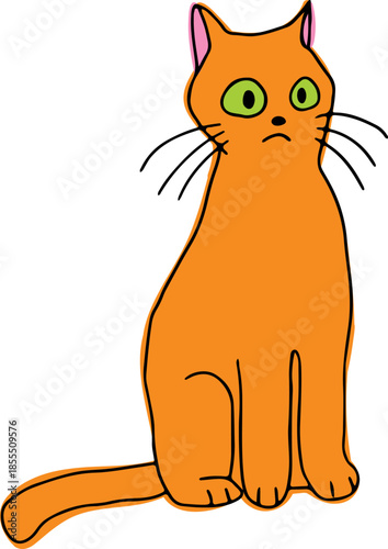A cute surprised funny ginger cat sits with her eyes wide open, drawn with crooked grunge lines