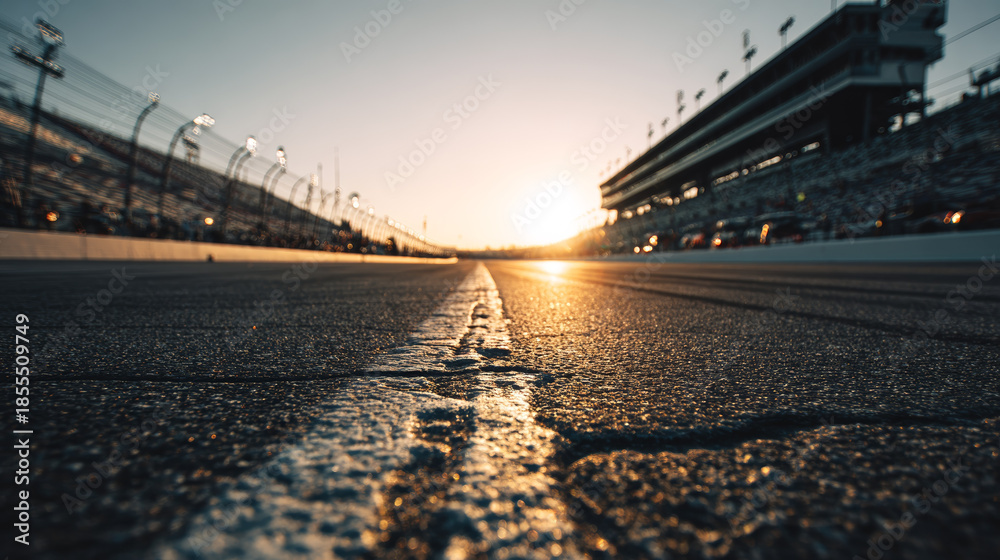 custom made wallpaper toronto digitalClose-animated movie view of a race track surface at sunrise with detailed textured asphalt and painted white lines, illuminated by warm sunlight
