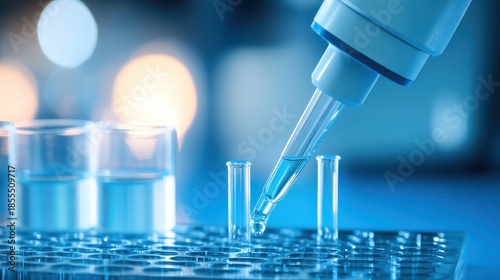 Pipette dispensing blue liquid into test tubes in laboratory