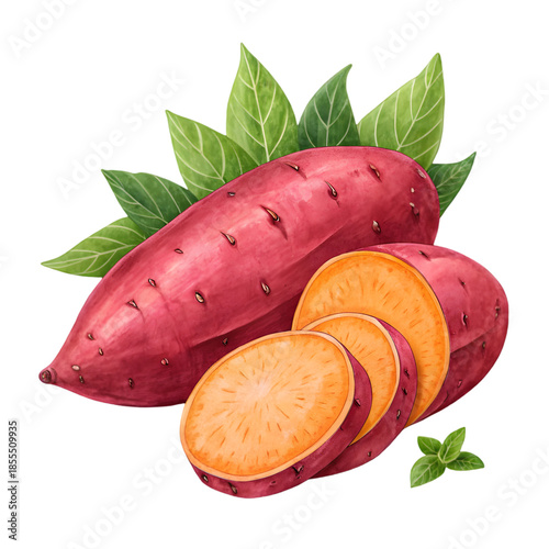 Fresh Sweet Potatoes: Whole Root and Slices with Green Leaves on transparent background