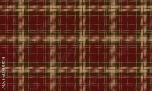 Seamless plaid fabric in deep red, beige, and brown, perfect for fashion design in clothing, skirts, and trousers, adding a distinctive yet warm touch to any design style.