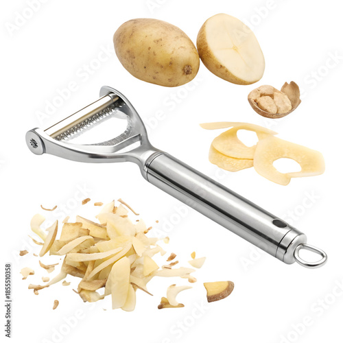 Vegetable Peeler with Fresh Potatoes and Peels on White Background on transparent background