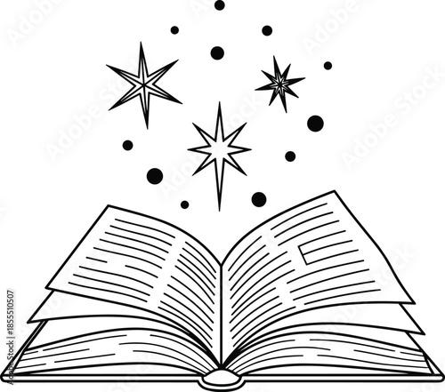 Open magic book with flying stars and sparkles vector line art illustration isolated on white.