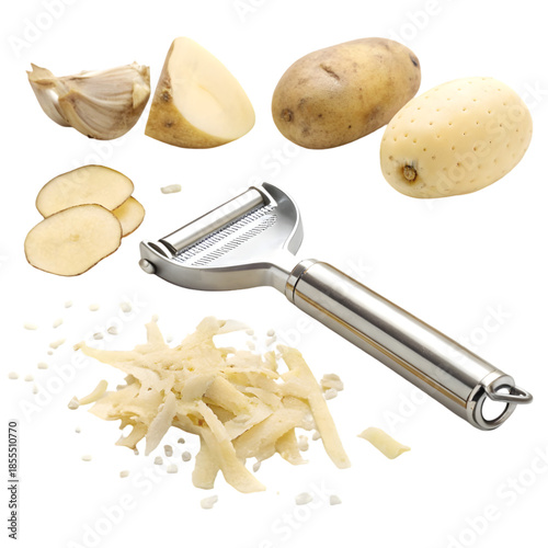 Raw Potatoes & Kitchen Peeler: Whole, Sliced, Peeled, and Shredded on White Background on transparent background