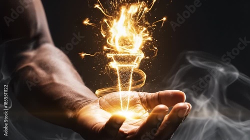 Glowing torch flame with sparks floating above open hand surrounded by smoke, symbolizing power, energy, inspiration, and glowing light in dark background with smoky fire effects