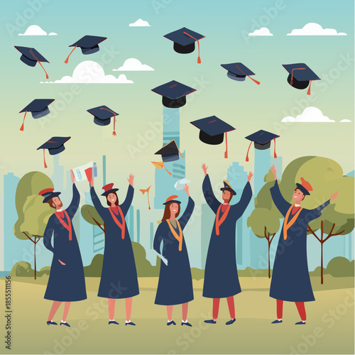 Flat vector illustration of cheerful graduates celebrating academic success, throwing caps high into the air during a lively ceremony in a modern city park