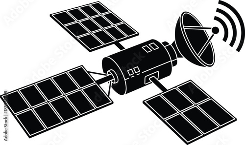Orbiting Satellite Vector Illustration, Space Communication Technology Graphic, Telecommunication Signal Dish Icon Design.