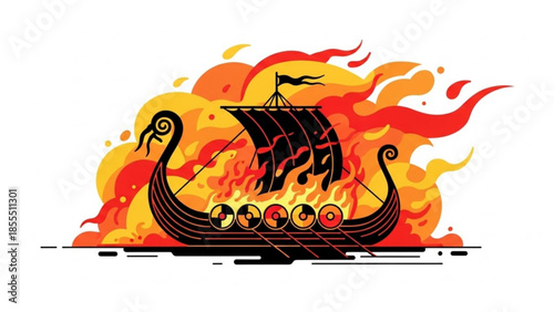 Viking ship on fire dramatic illustration of a burning longboat with flames and smoke historical con
