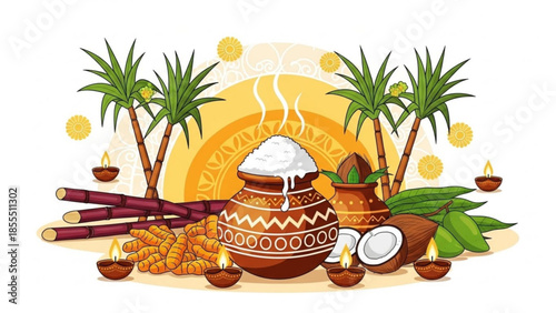 Pongal festival celebration traditional harvest symbols sugarcane pot of rice and diyas vector illus