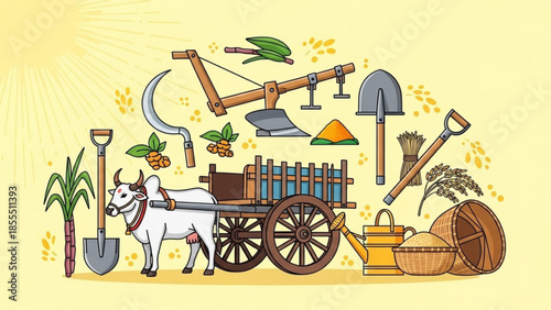 Traditional farming tools and bullock cart rural agriculture concept illustration for harvest and cu