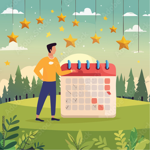 Flat vector illustration of a person tracking habits on a calendar amidst a scenic natural backdrop with hanging stars, symbolizing goal achievement and personal growth