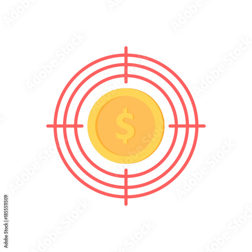 Flat vector illustration of dollar coin inside target icon, symbolizing financial goal, money focus, investment strategy, profit target, and business objective, isolated on white background.