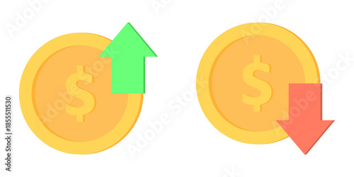 Flat vector illustration of dollar coin icons with up and down arrows showing profit and loss, income and expense concept, financial growth and decline, isolated on white background.