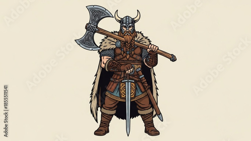 Viking warrior with axe and sword historical illustration of Norse mythology isolated on light backg
