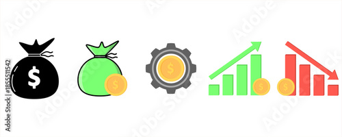 Modern finance and business icon set showing money bag, dollar coin, gear, rising and falling charts. Concept of income, investment, profit, loss, and financial analysis.