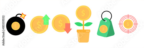 Financial icon set showing profit and loss coins, money growth plant, money bag, bomb risk, and target symbol. Business investment, savings, risk management, income growth concept.