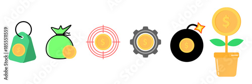 Finance and investment icon set featuring money bag, price tag, target coin, gear, bomb risk, and money growth plant. Concept of savings, profit, strategy, risk, and business growth.