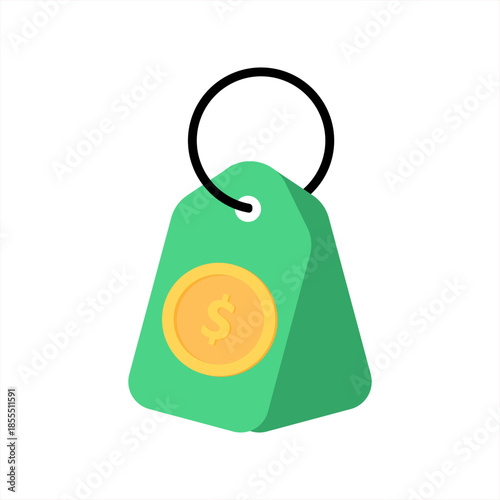 Flat vector illustration of green price tag with dollar coin symbol, representing discount, pricing, sale, cost, and financial value concept, minimalist style, isolated on white background.