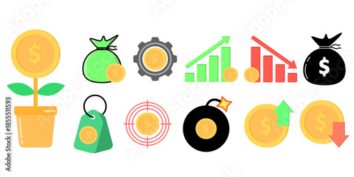 Financial icon set with money, coins, growth and decline charts, investment, profit and loss concepts. Flat colorful vector icons for business, finance, banking, marketing, and economics.