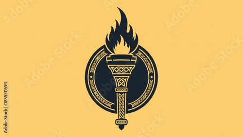 Torch emblem with flame classic symbol of knowledge and victory isolated on yellow background