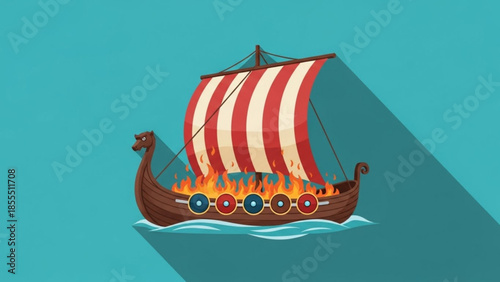 Burning Viking longship sailing on waves historical illustration with striped sail and shields conce