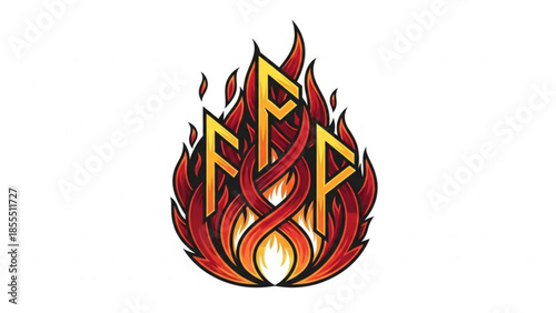 Viking rune symbol F fiery flame illustration ancient Norse mythology concept isolated on white