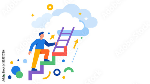 Person Climbing Stairs Toward Clouds Symbolizing Growth Ambition and Success
