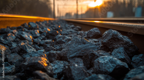 Close-animated movie view of dark, rough-textured coal stones on railway track with sunset in the background