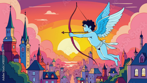 Cupid Flying Over City Skyline at Sunset in Vector Art Style