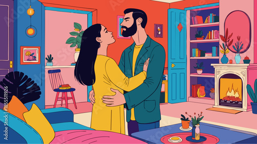 Couple Embracing by Cozy Fireplace in Vector Art Style