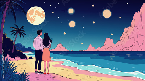 Couple Gazing at the Moon on a Quiet Beach, Vector Art Style