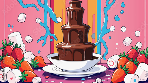 Vector Illustration of a Chocolate Fountain with Strawberries and Marshmallows
