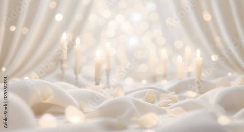 Serene ambiance with candles and rose petals in elegant white setting