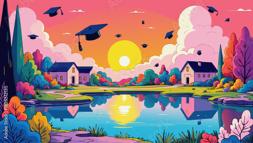 Surreal Sunset over Campus Lake with Floating Graduation Caps, Vector Art