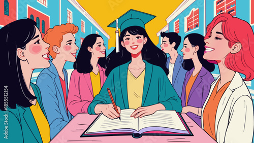 Cheerful Graduation Day: Graduate Signing Yearbook with Friends, Vector Art Style