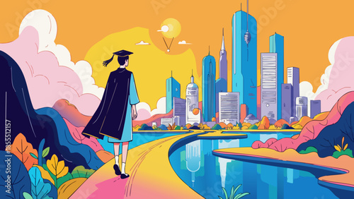 Vector Illustration of Graduate Starting Career Path Towards Skyscraper