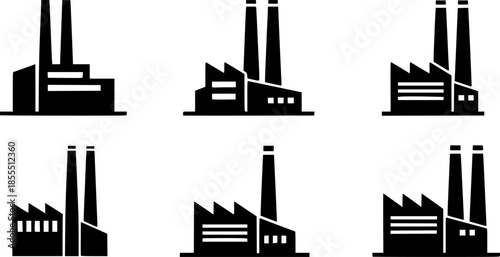 A series of black silhouettes depicting various industrial buildings
