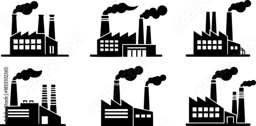 A series of black silhouettes depicting various industrial buildings