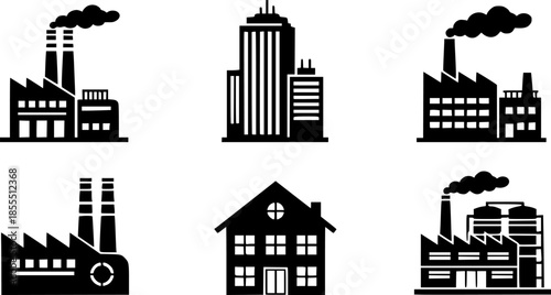 A series of black silhouettes depicting various industrial buildings